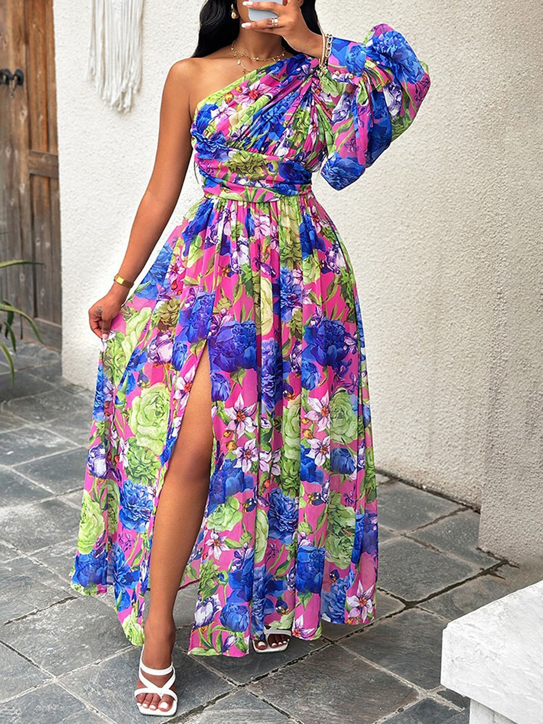 

LULU & SKY Floral One Shoulder Ruched Fit & Flare Maxi Dress, Green
