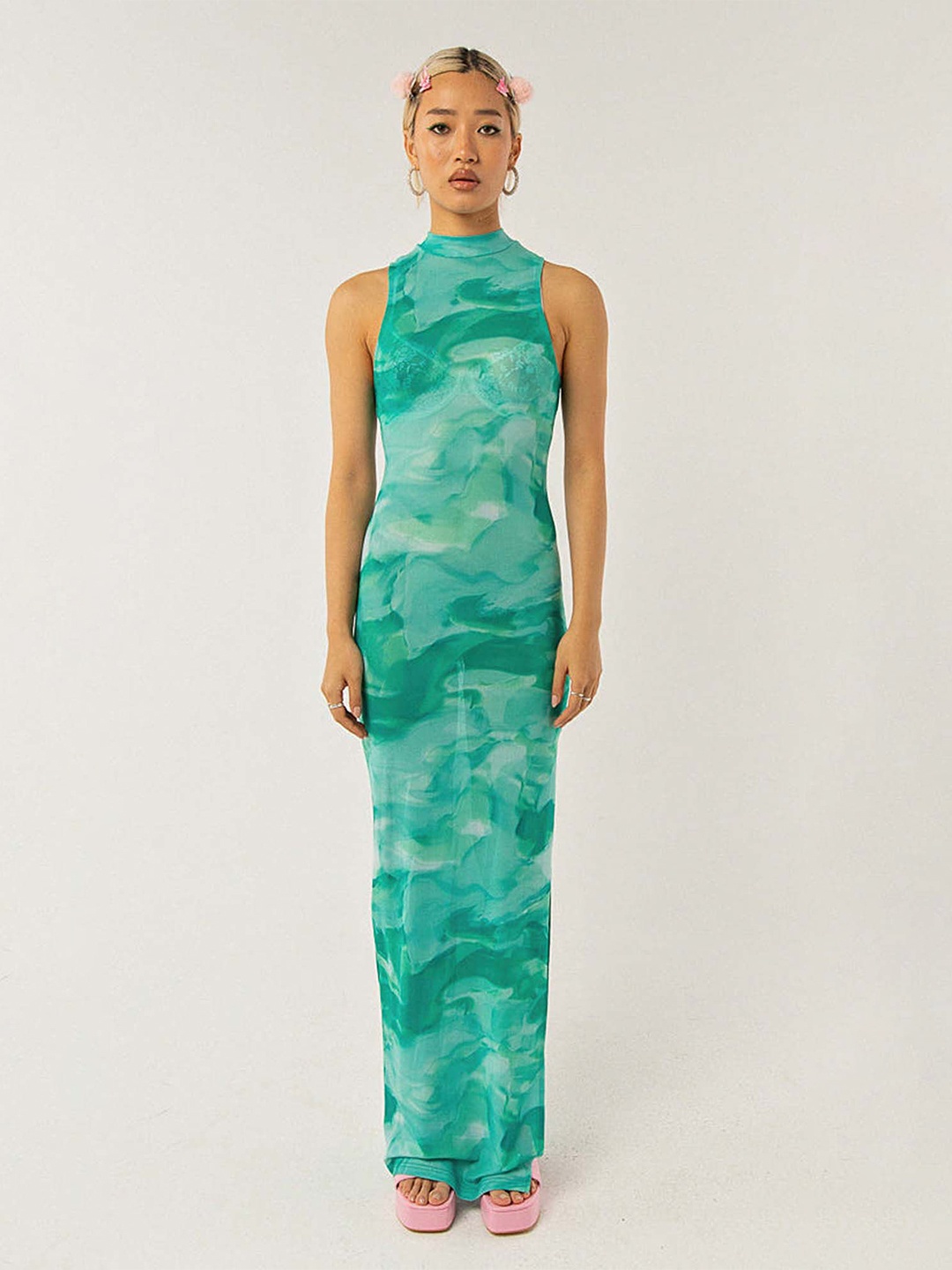 

LULU & SKY Abstract Pattern Dyed Slit Maxi Dress, Green