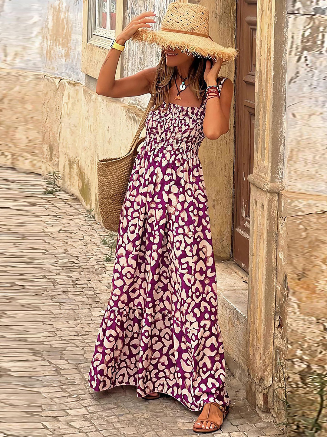 

LULU & SKY Printed Shoulder Straps Fit and Flare Maxi Dress, Purple