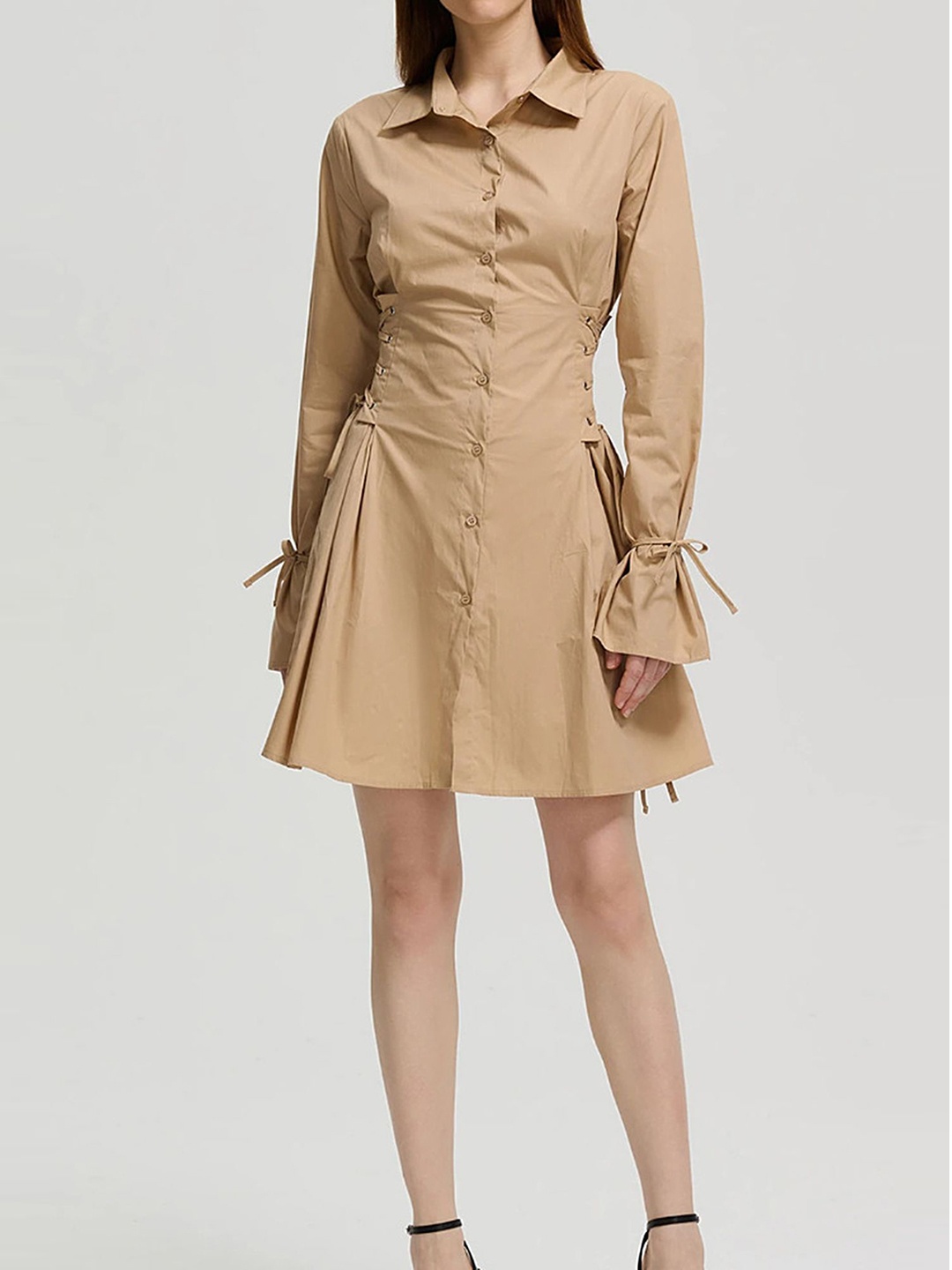 

LULU & SKY Women Shirt Collar Bell Sleeves A-Line Dress, Khaki