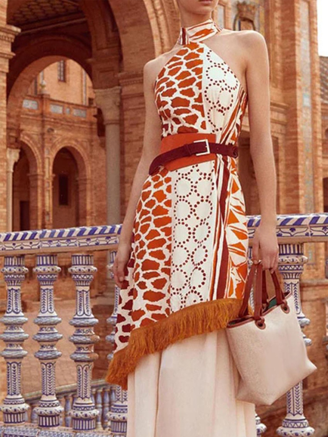 

LULU & SKY Printed Halter Neck Fringe-trim Detail Sheath Dress, Orange