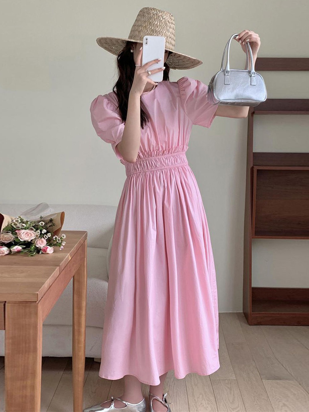 

LULU & SKY Round Neck Flutter Sleeve Midi Fit & Flare Dress, Pink