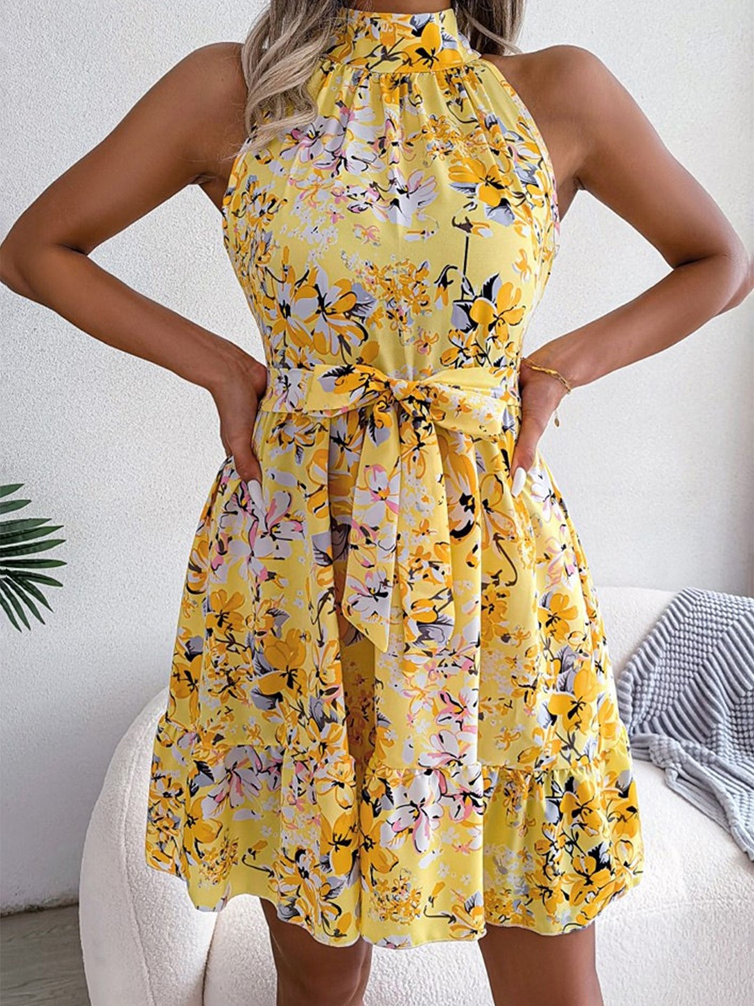 

LULU & SKY Floral Print Halter Neck Fit & Flare Dress, Yellow