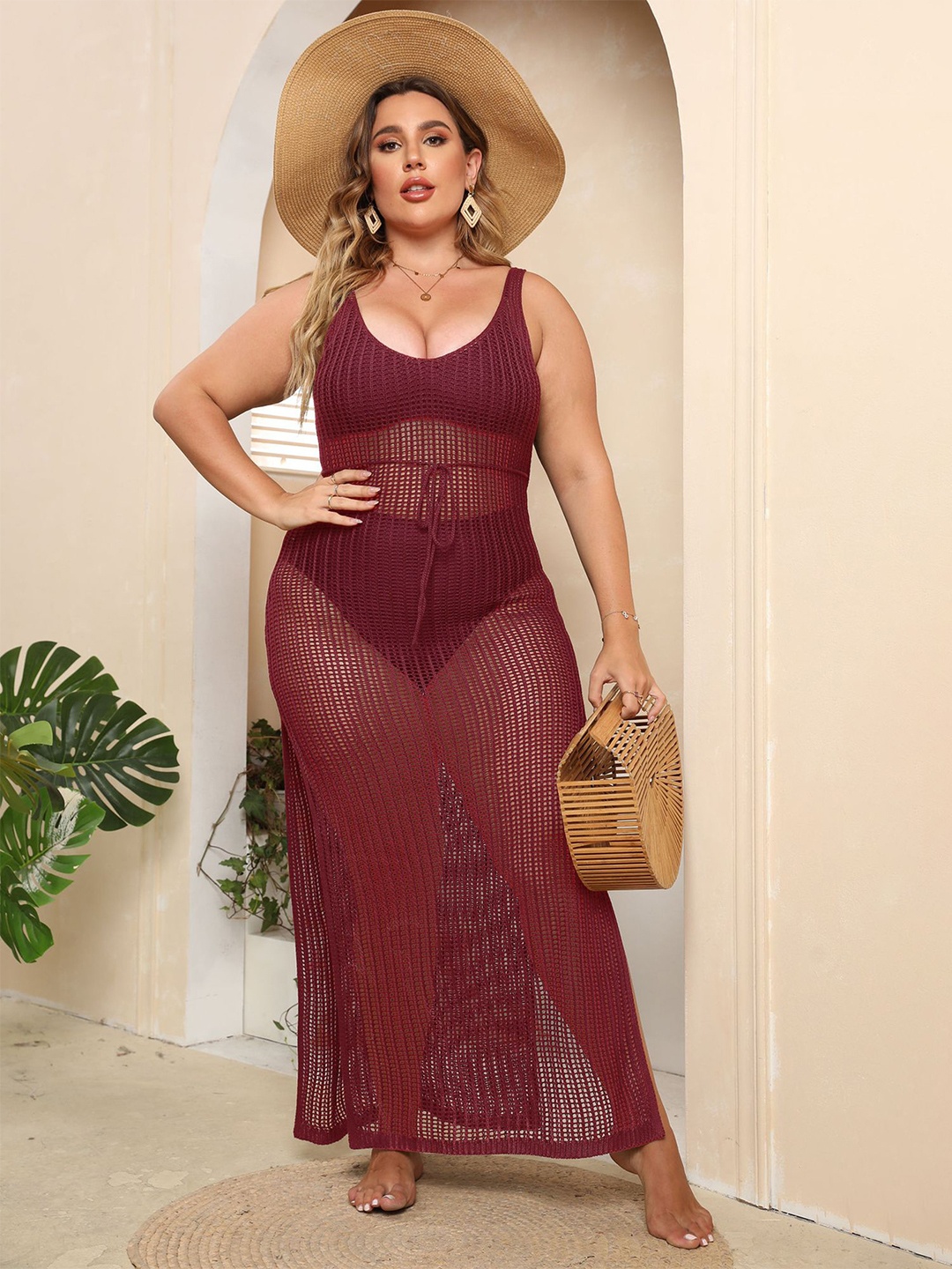 

LULU & SKY Plus Size Round Neck Sleeveless Sheer Maxi Dress, Maroon