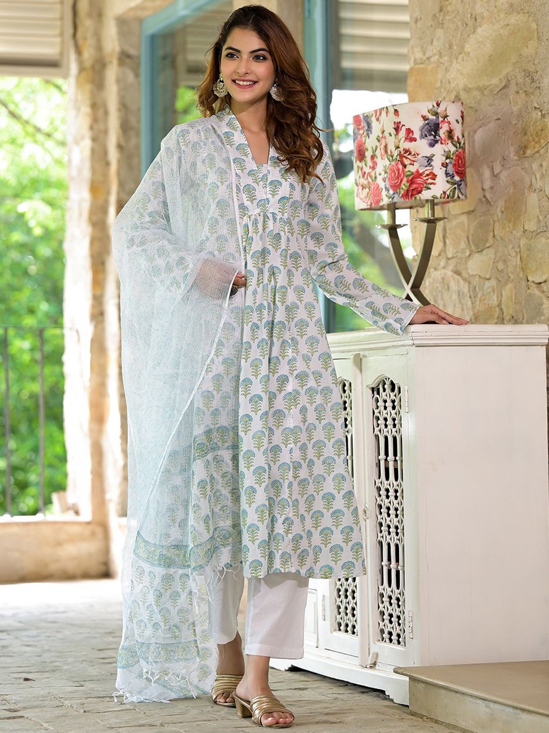 

Divena Floral Printed V-Neck Pure Cotton Empire A-Line Kurta With Trousers & Dupatta, White