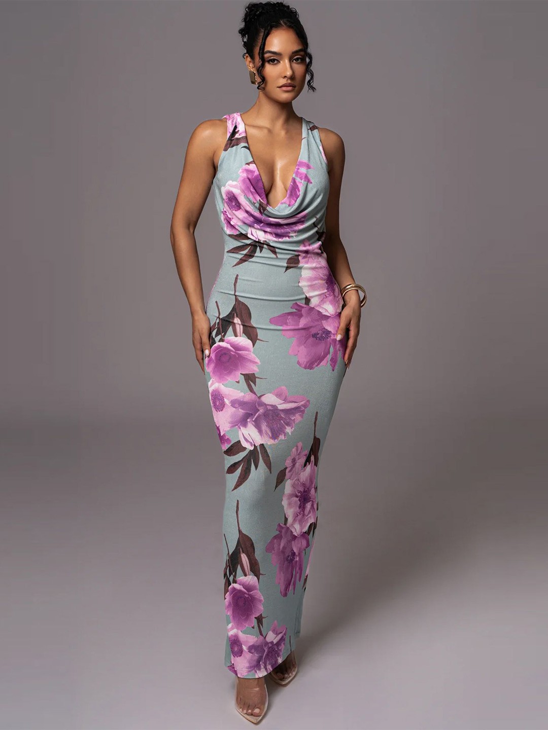 

LULU & SKY Women Cowl Neck Sleeveless Floral Print Bodycon Maxi Dress, Pink