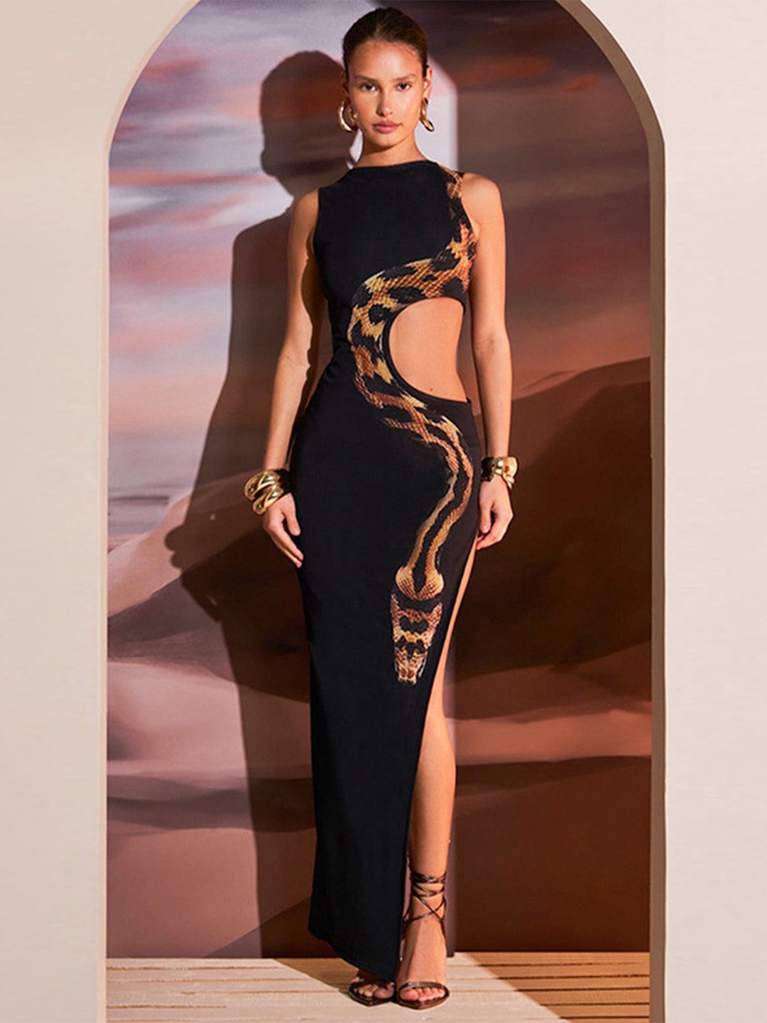 

LULU & SKY Printed Round Neck Sleeveless Maxi Bodycon Dress, Black
