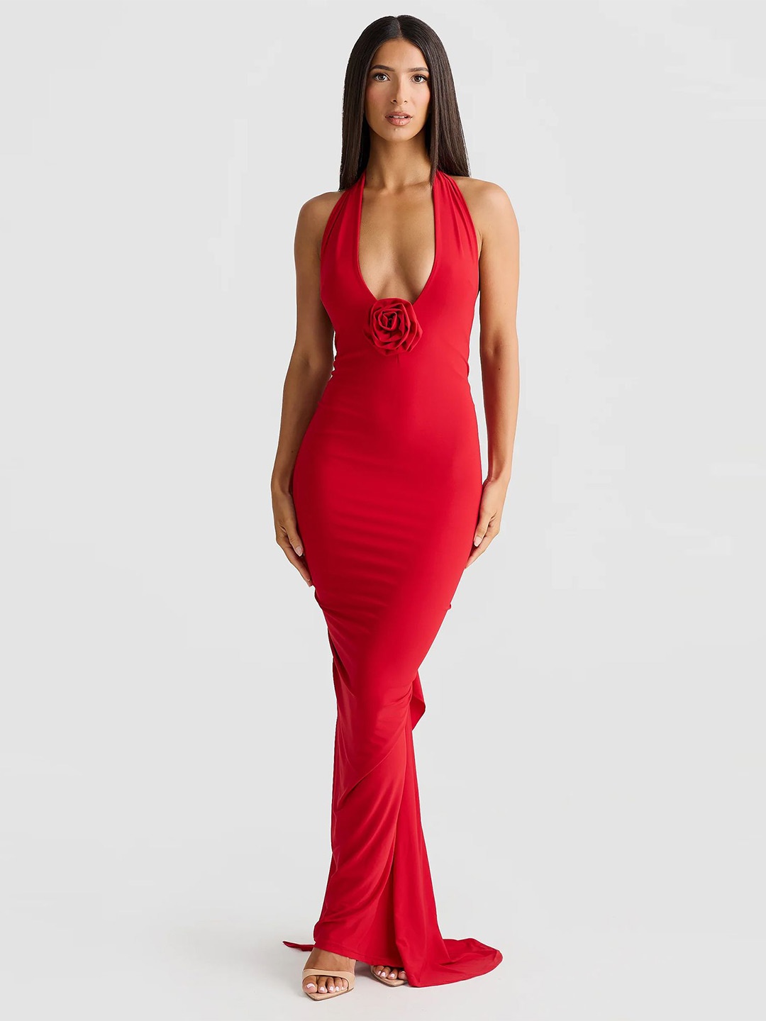 

LULU & SKY Halter Neck Gathered-detail Backless Maxi Dress, Red