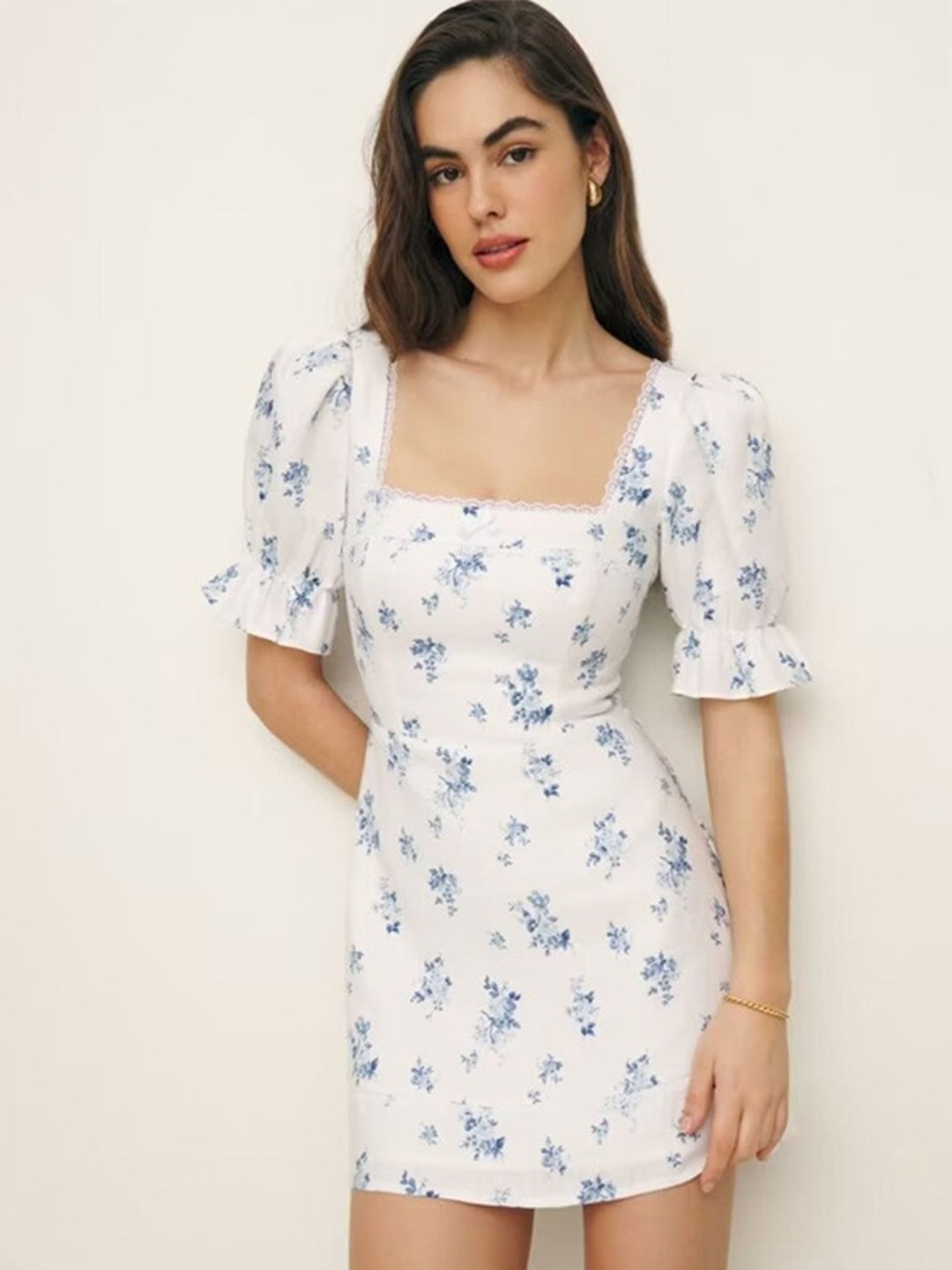 

LULU & SKY Floral Printed Square Neck Bell Sleeve A-Line Mini Dress, White