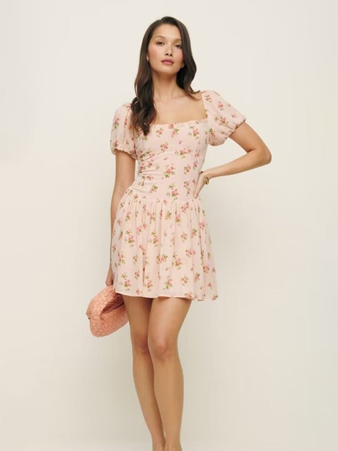 

LULU & SKY Women Floral Printed Square Neck Flared Sleeve Fit & Flare Mini Dress, Pink