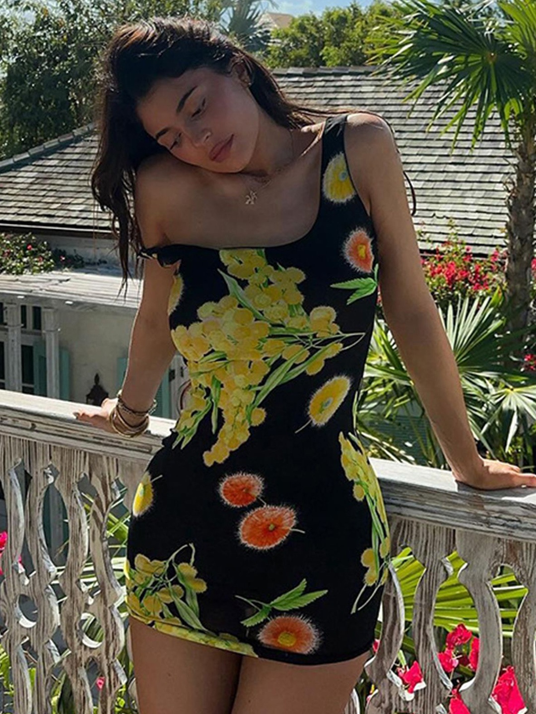 

LULU & SKY Floral Printed Round Neck Sleeveless Bodycon Mini Dress, Black