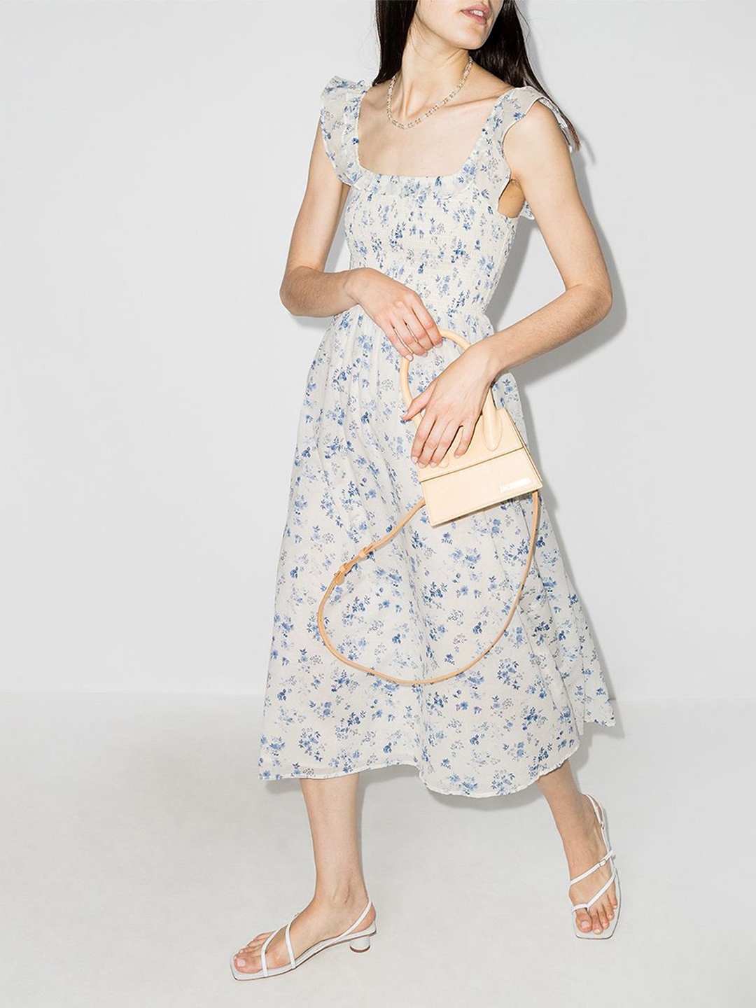 

LULU & SKY Floral Printed Shoulder Straps A-Line Midi Dress, White