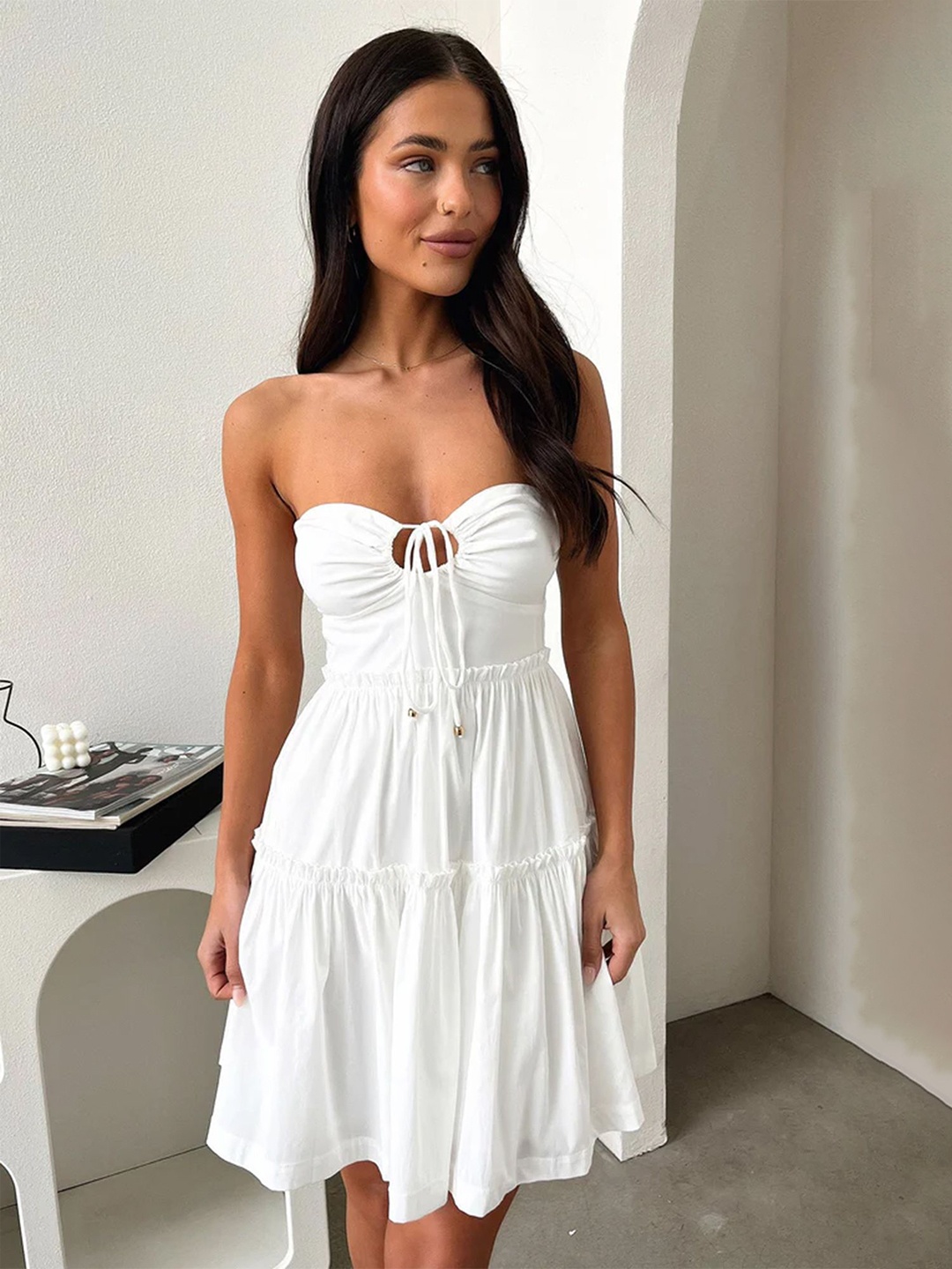 

LULU & SKY Women Off-Shoulder Sleeveless Fit and Flared Above Knee Dress, White