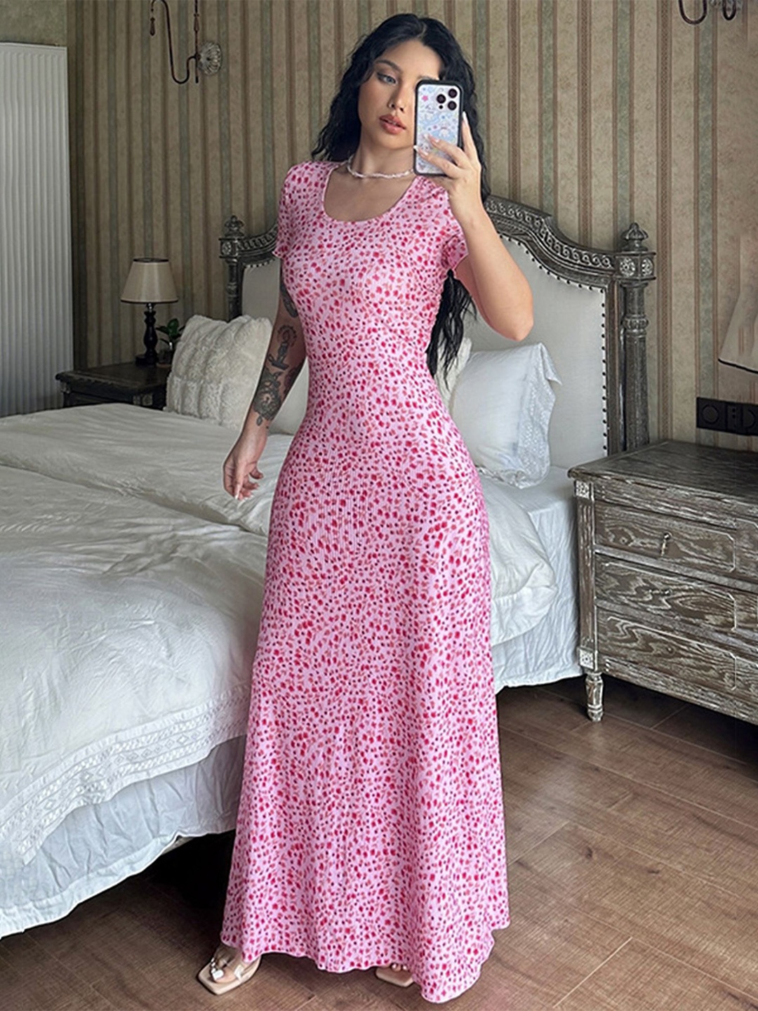

LULU & SKY Floral Round Neck Short Sleeves A-Line Maxi Dress, Pink