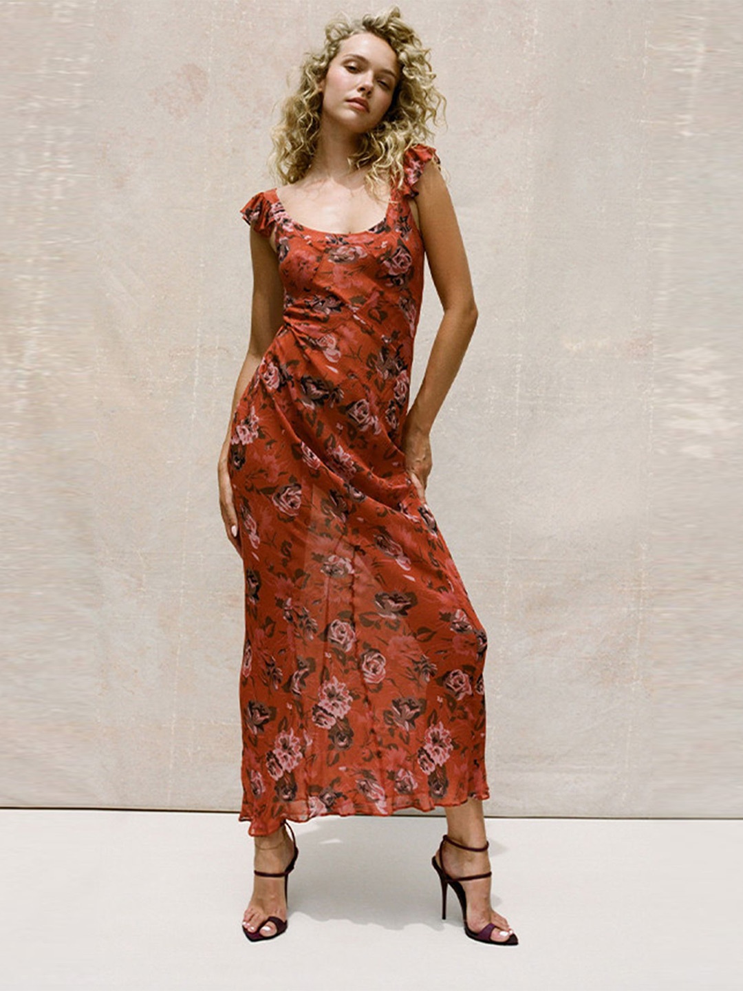 

LULU & SKY Floral Print Round Neck Cape Sleeves Maxi Dress, Red