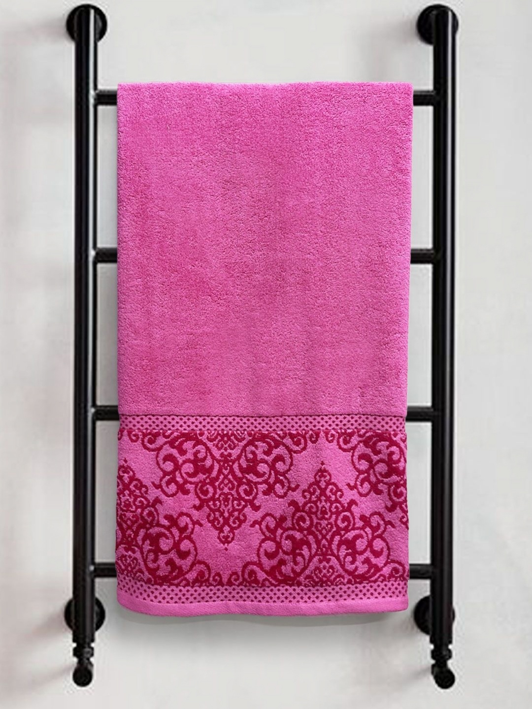 

Myntra Elegant Homes Pink & Maroon Printed Pure Cotton 380 GSM Bath Towel