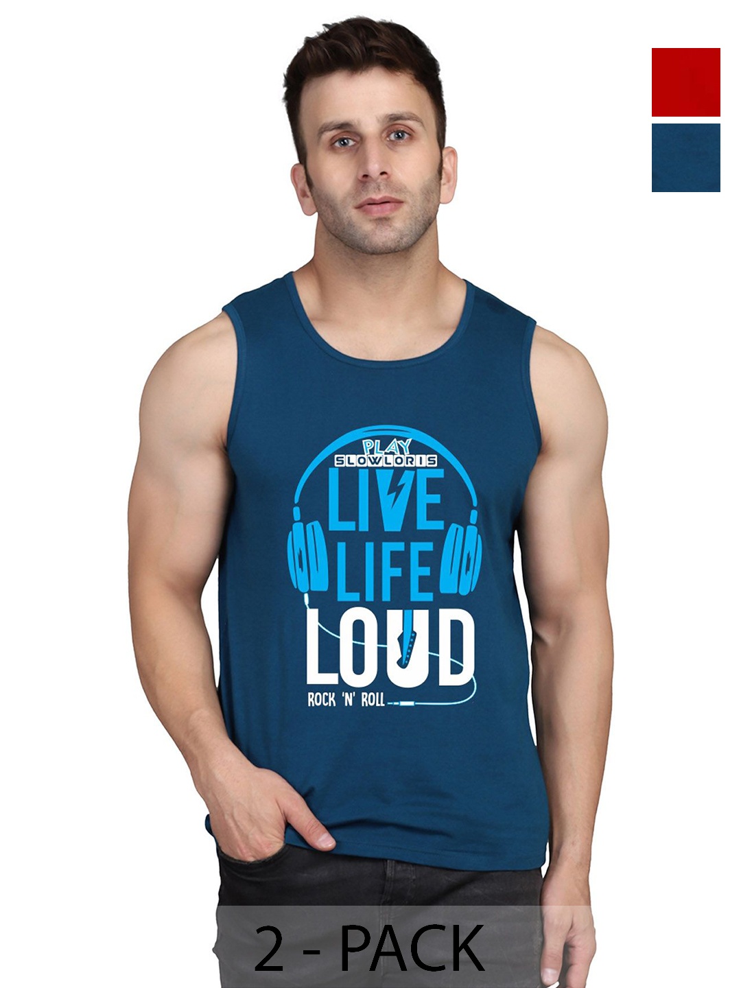 

SLOWLORIS Men Pack Of 2 Typography Printed Round Neck Cotton Slim Fit T-Shirts, Teal
