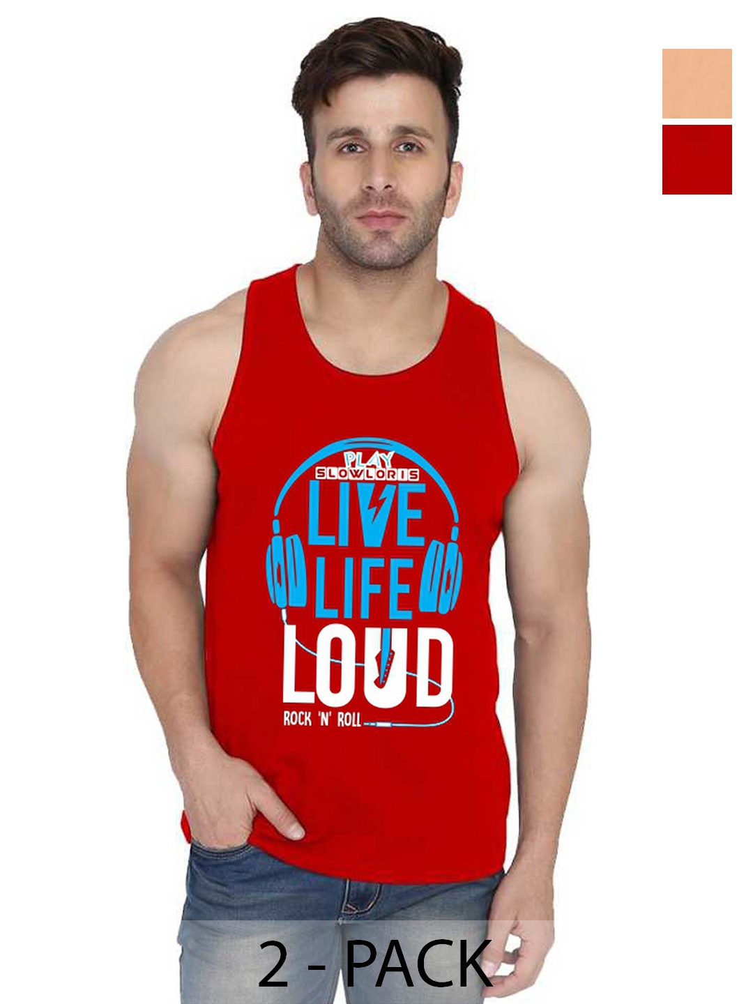 

SLOWLORIS Men Pack Of 2 Typography Printed Round Neck Cotton Slim Fit T-Shirts, Red