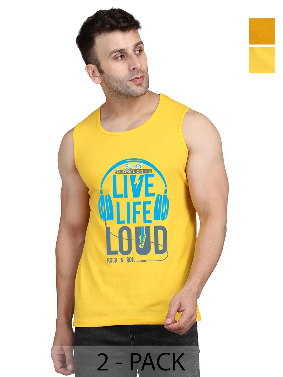 

SLOWLORIS Men Pack Of 2 Typography Printed Round Neck Cotton Slim Fit T-Shirts, Yellow