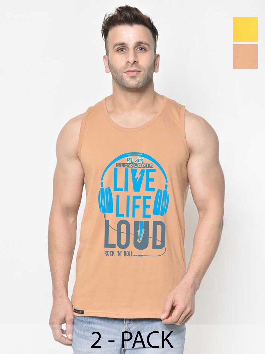 SLOWLORIS Men Pack Of 2 Typography Printed Round Neck Cotton Slim Fit T-Shirts, Beige