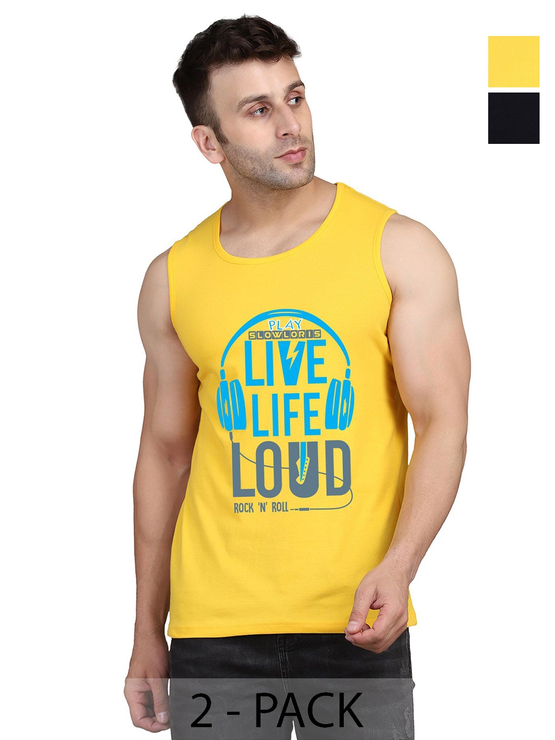 

SLOWLORIS Men Pack Of 2 Typography Printed Round Neck Cotton Slim Fit T-Shirts, Yellow