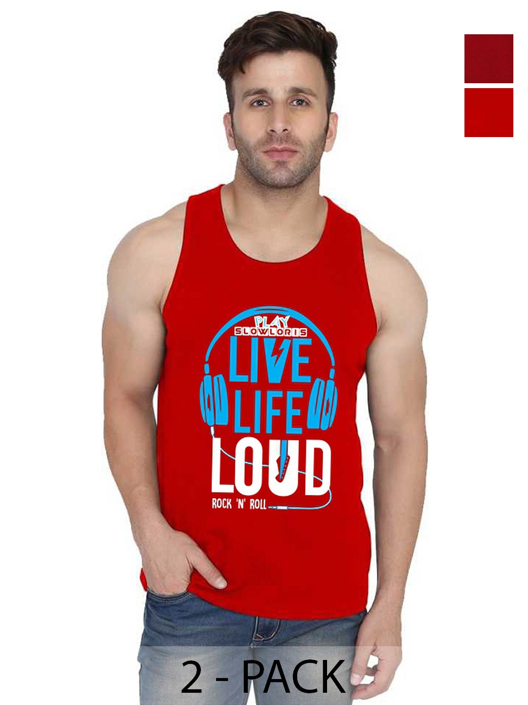 

SLOWLORIS Men Pack Of 2 Typography Printed Round Neck Cotton Slim Fit T-Shirts, Red