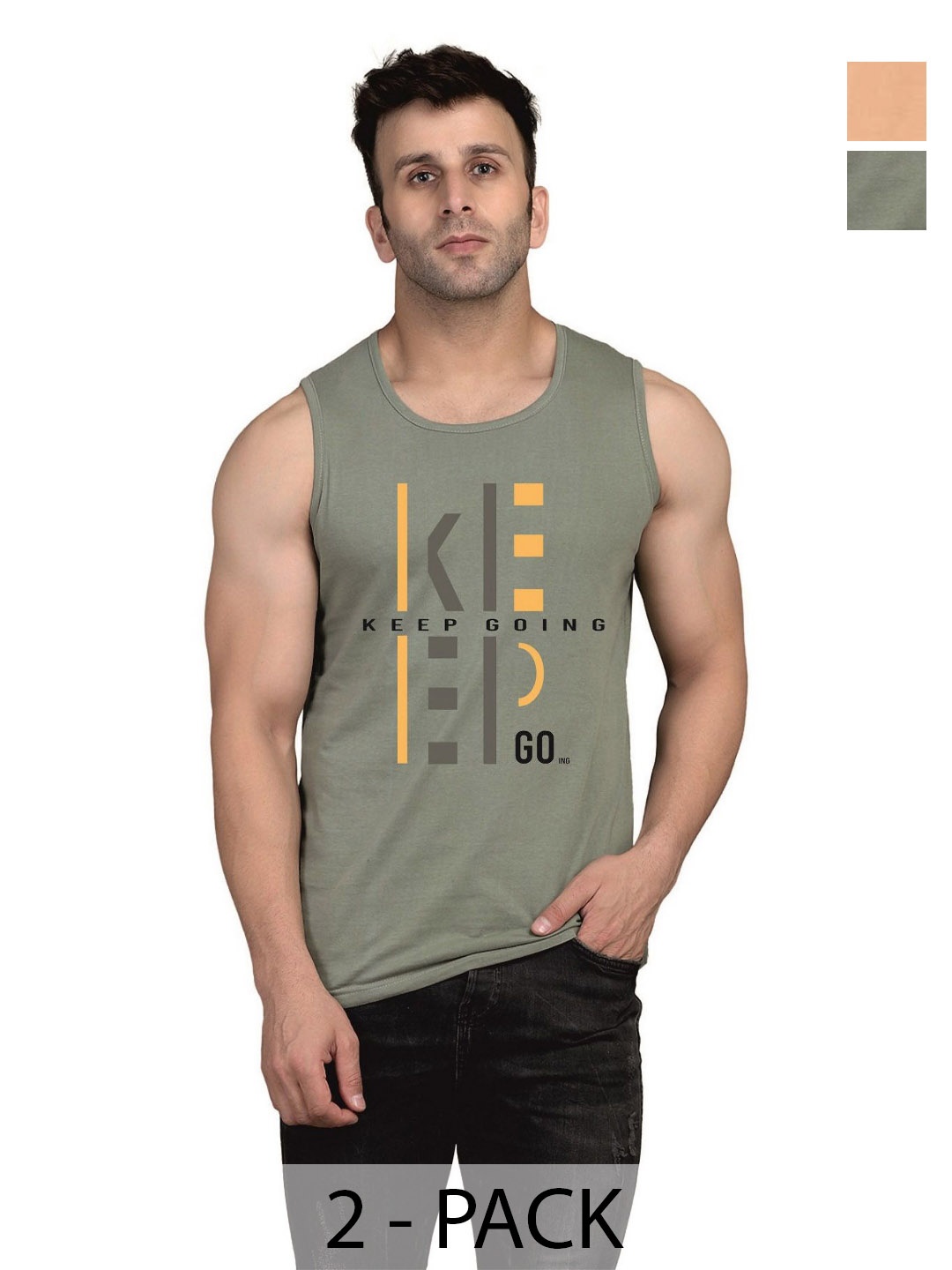 

SLOWLORIS Men Pack Of 2 Typography Printed Round Neck Cotton Slim Fit T-Shirts, Beige