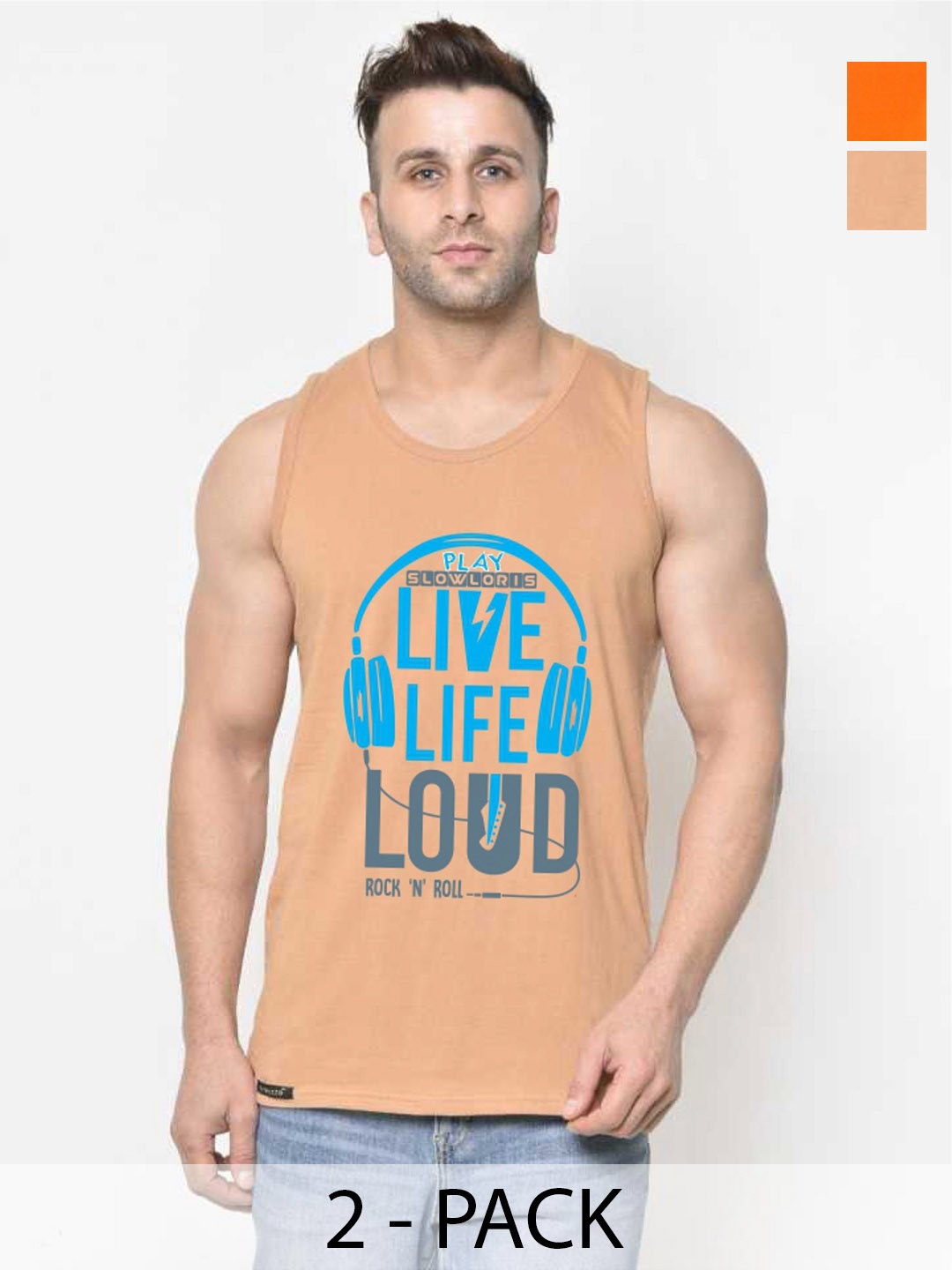 SLOWLORIS Men Pack Of 2 Typography Printed Round Neck Cotton Slim Fit T-Shirts, Beige