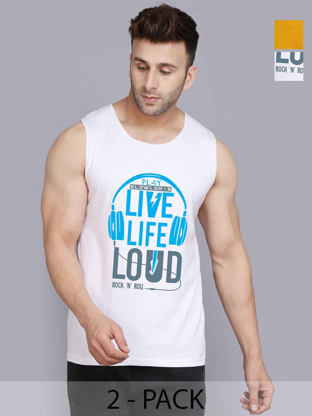 

SLOWLORIS Men Pack Of 2 Typography Printed Round Neck Cotton Slim Fit T-Shirts, White