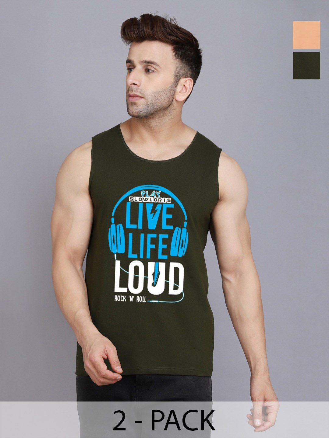 

SLOWLORIS Men 2 Printed Raw Edge Slim Fit T-shirt, Olive