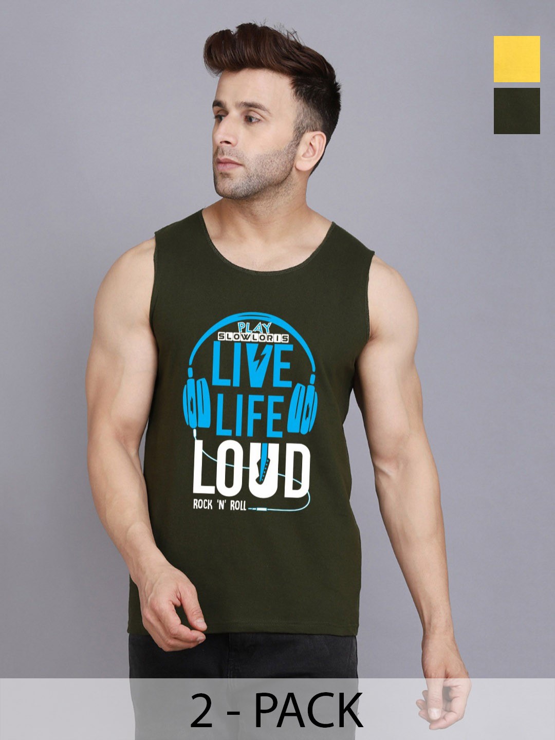 

SLOWLORIS Men Pack Of 2 Typography Printed Round Neck Cotton Slim Fit T-Shirts, Olive