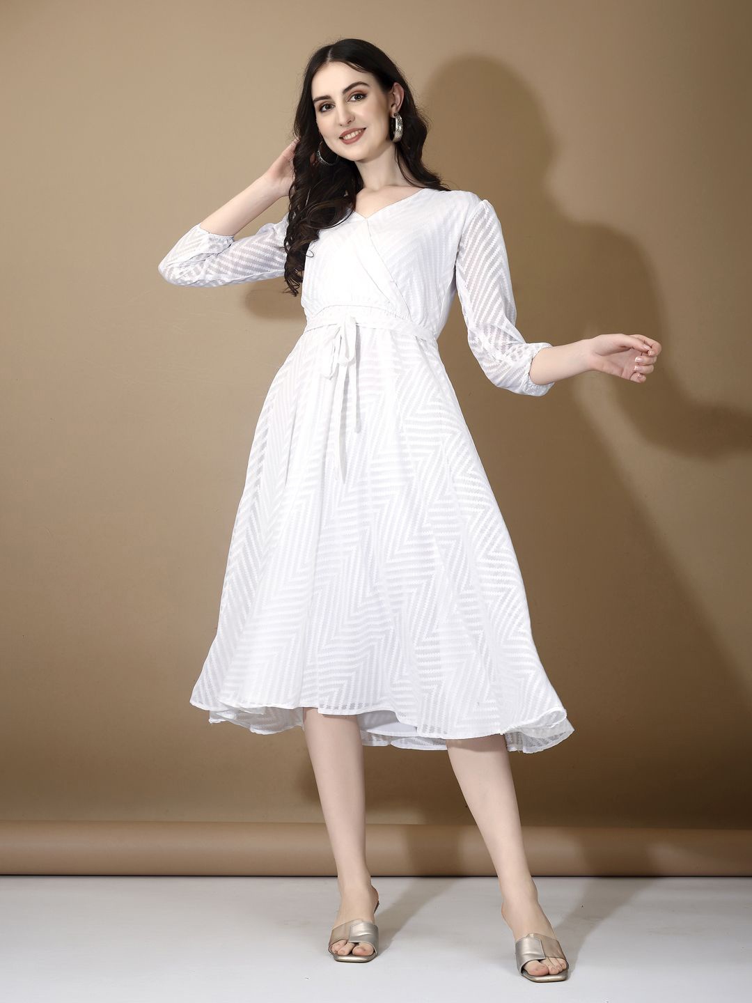 

Fashion Basket Self Design Georgette A-Line Midi Dress, White