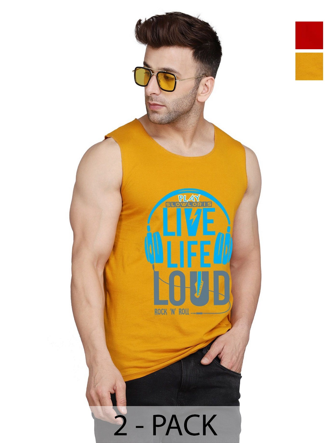 

SLOWLORIS Men Pack Of 2 Typography Printed Round Neck Cotton Slim Fit T-Shirts, Mustard