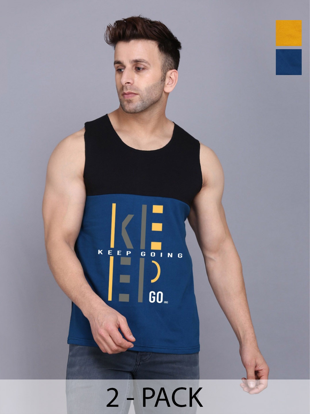 

SLOWLORIS Men Pack Of 2 Typography Printed Round Neck Cotton Slim Fit T-Shirts, Mustard