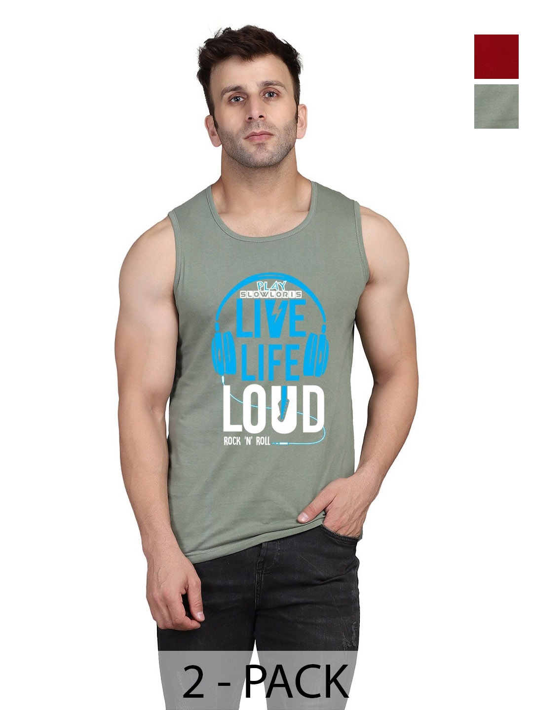

SLOWLORIS Men Pack Of 2 Typography Printed Round Neck Cotton Slim Fit T-Shirts, Green