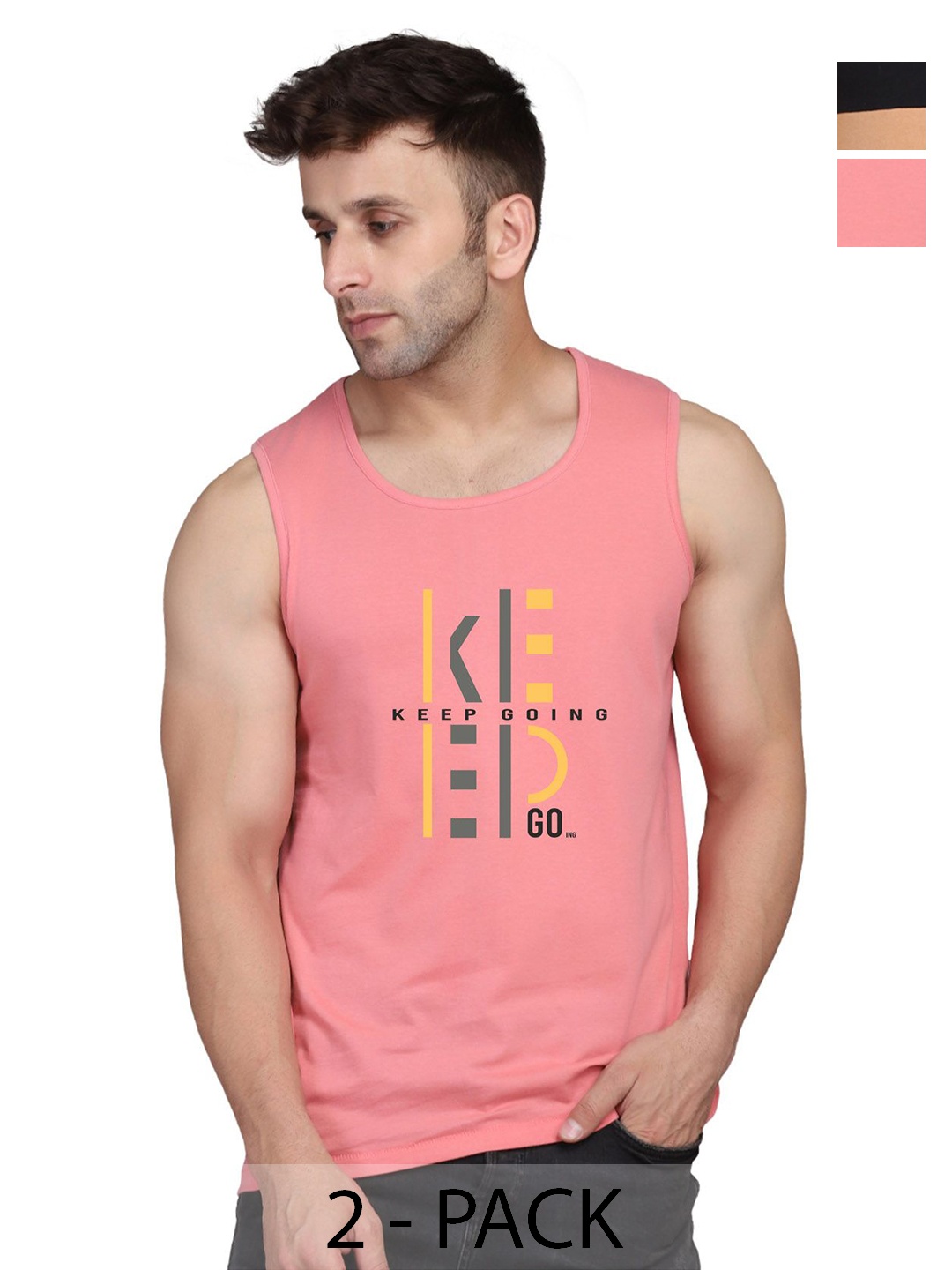 SLOWLORIS Men Pack Of 2 Typography Printed Round Neck Cotton Slim Fit T-Shirts, Black