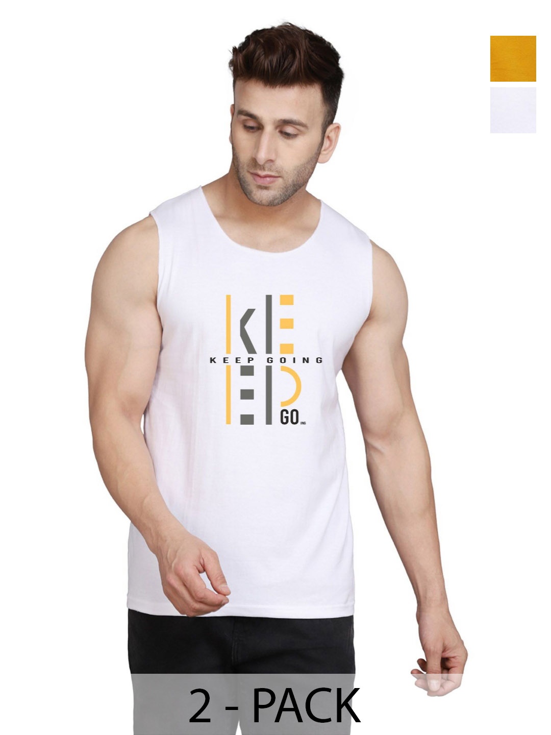 

SLOWLORIS Men Pack Of 2 Typography Printed Round Neck Cotton Slim Fit T-Shirts, Mustard