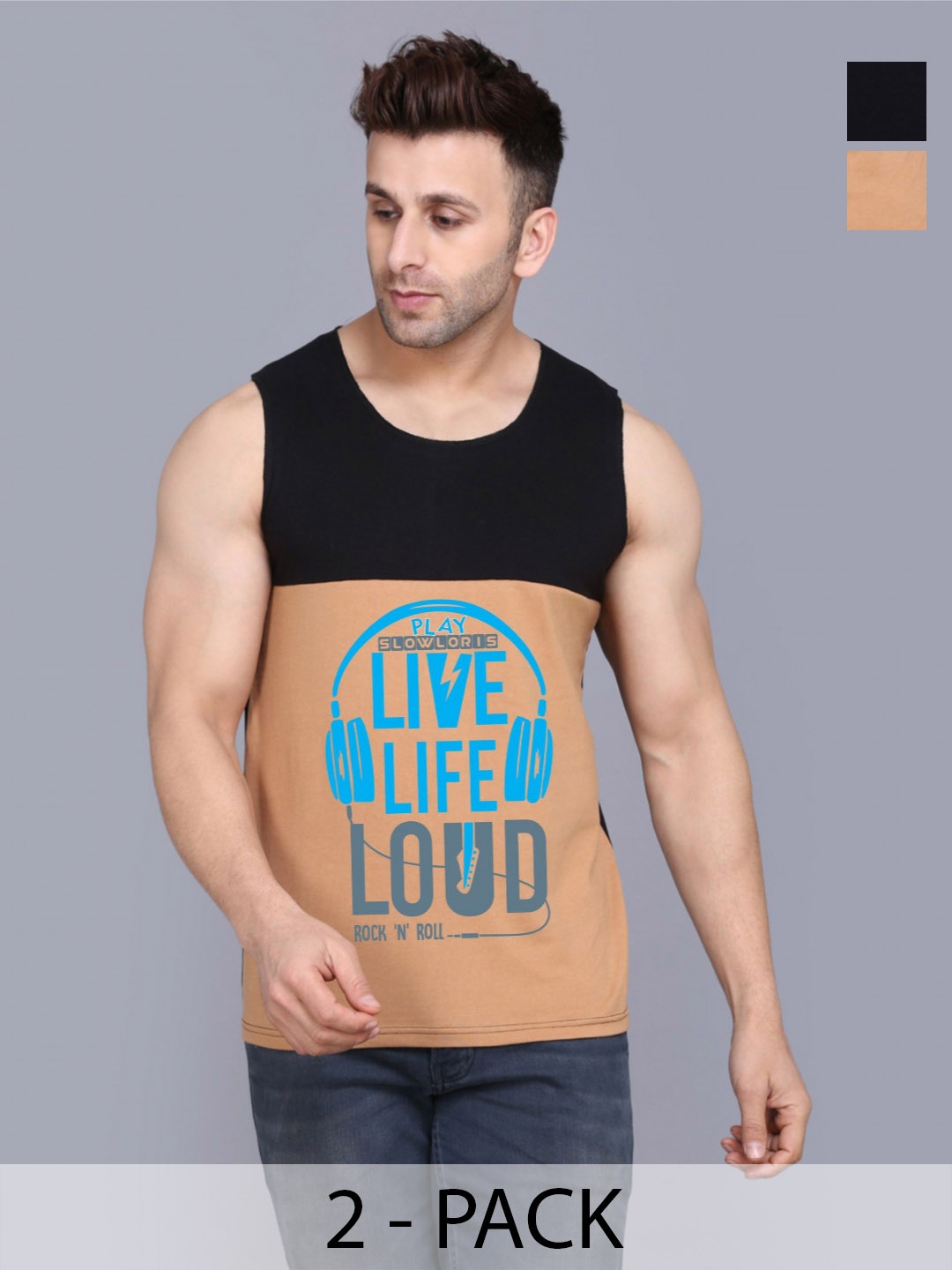 

SLOWLORIS Men Pack Of 2 Typography Printed Round Neck Cotton Slim Fit T-Shirts, Black