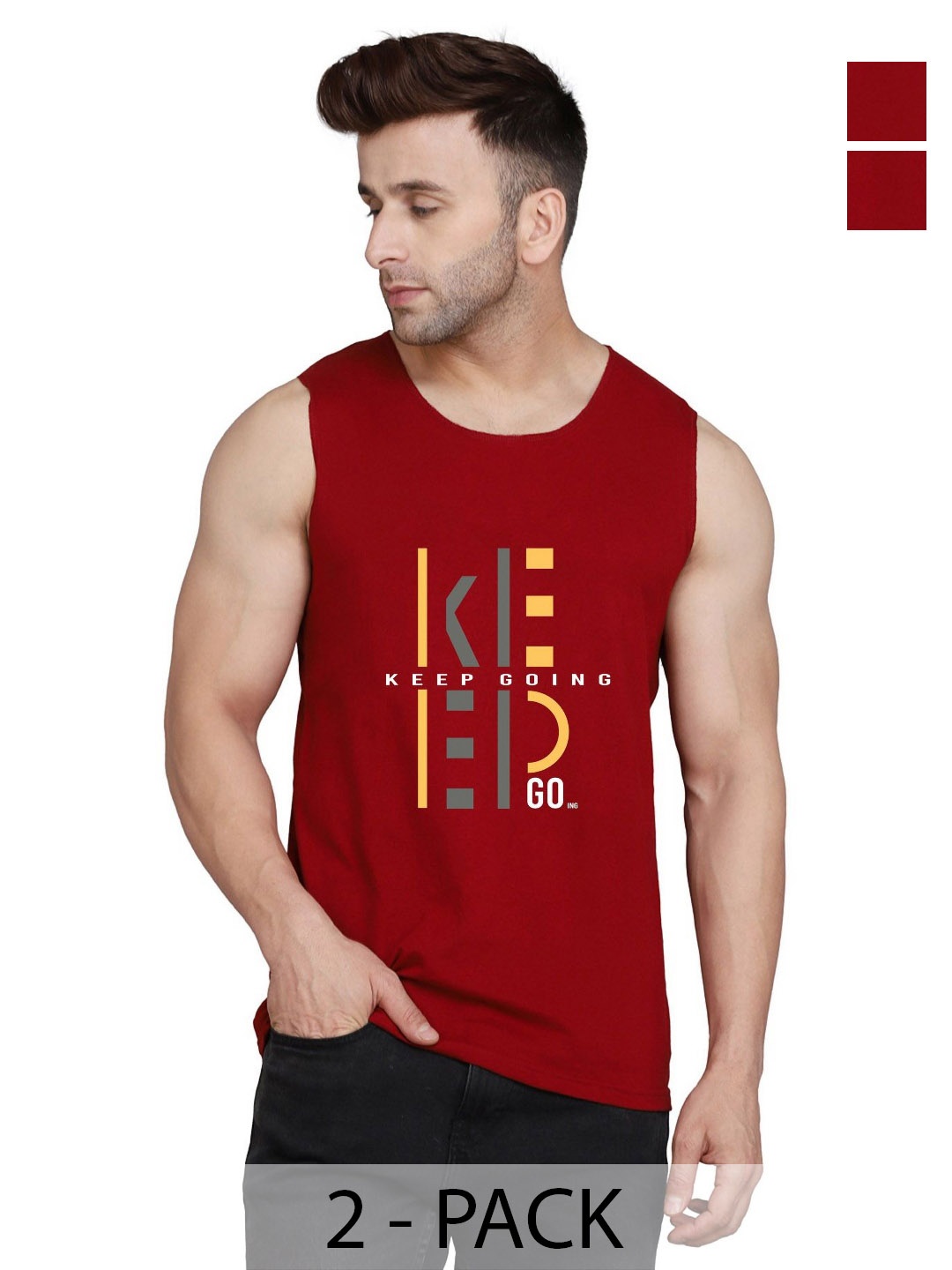 SLOWLORIS Men Pack Of 2 Typography Printed Round Neck Cotton Slim Fit T-Shirts, Maroon