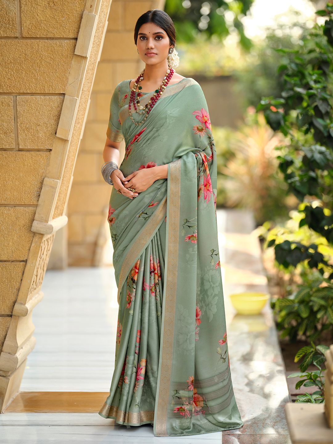 Panzora Floral Printed Zari Satin Saree, Olive