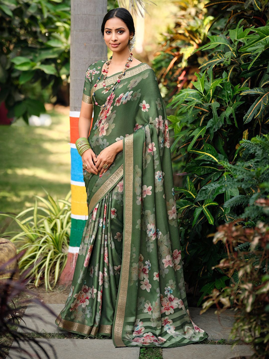 

Panzora Floral Digital Printed Zari Satin Saree, Green