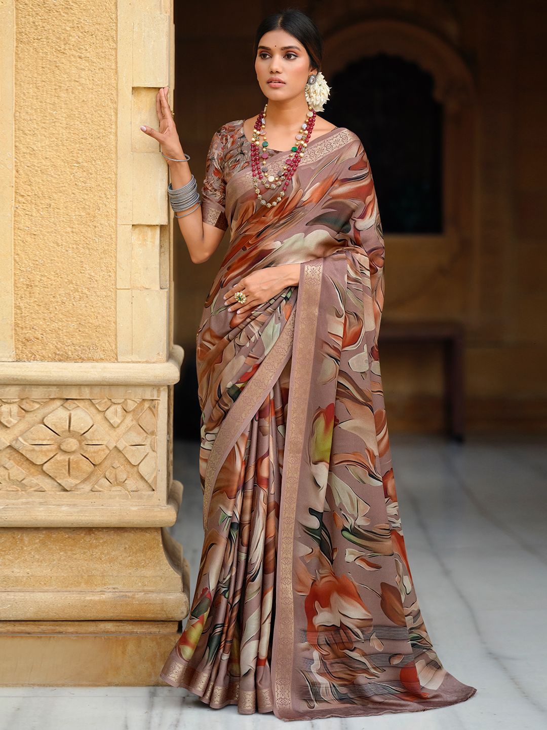 

Panzora Satin Floral Zari Woven Design Festive Celebrity Saree, Brown