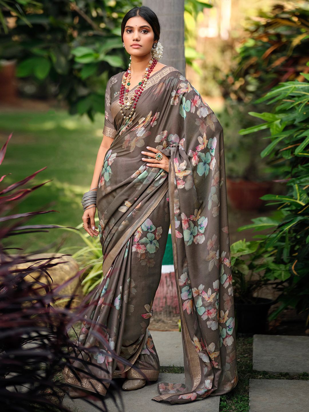 

Panzora Floral Printed Zari Satin Saree, Brown