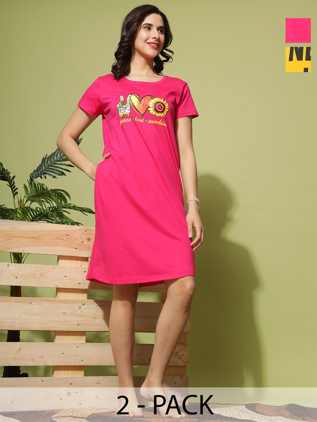 

9shines Label Pack Of 2 Cotton Plus Size Printed Nightdress, Yellow