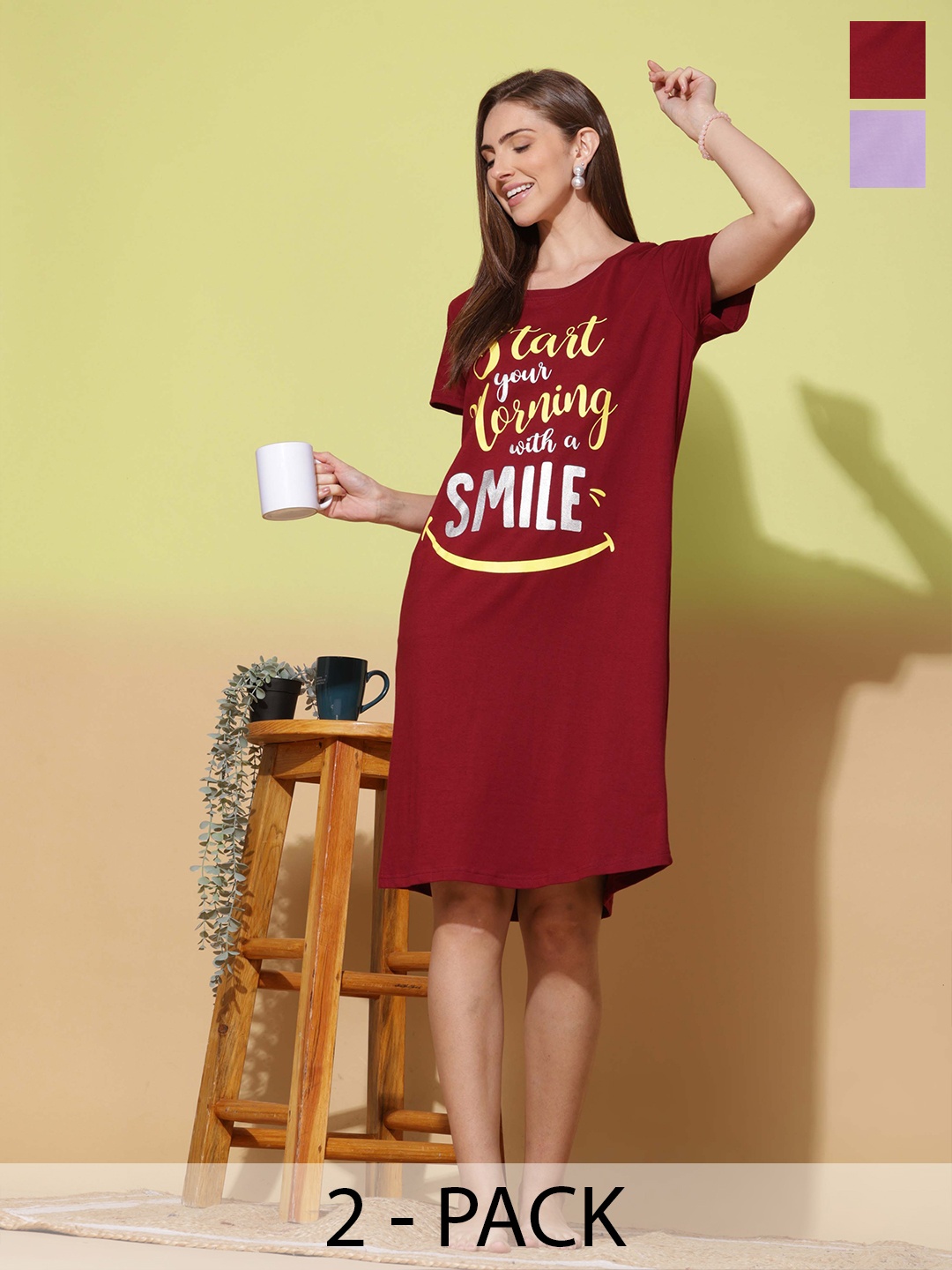 

9shines Label Pack Of 2 Women Cotton Printed Nightdress, Red