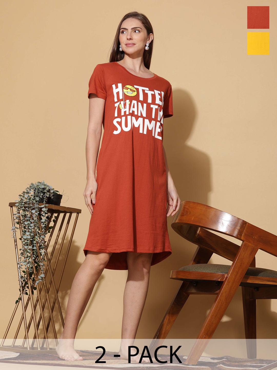 

9shines Label Pack Of 2 Plus Size Cotton Printed Nightdress, Yellow