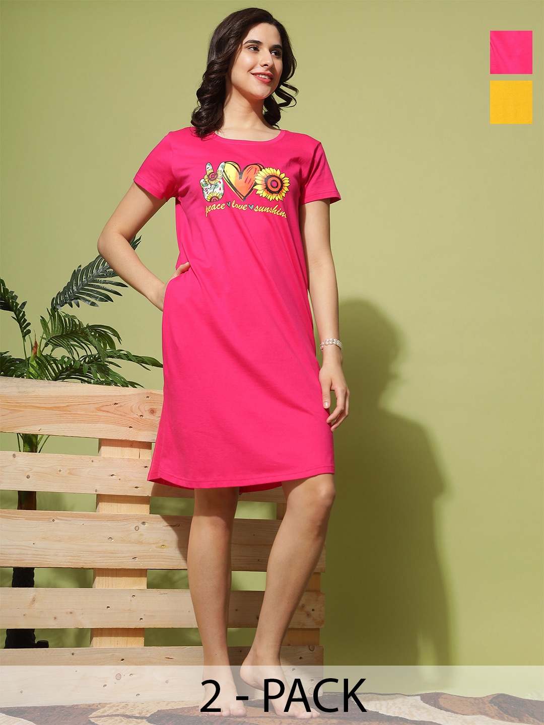 

9shines Label Pack Of 2 Women Printed Nightdress, Pink