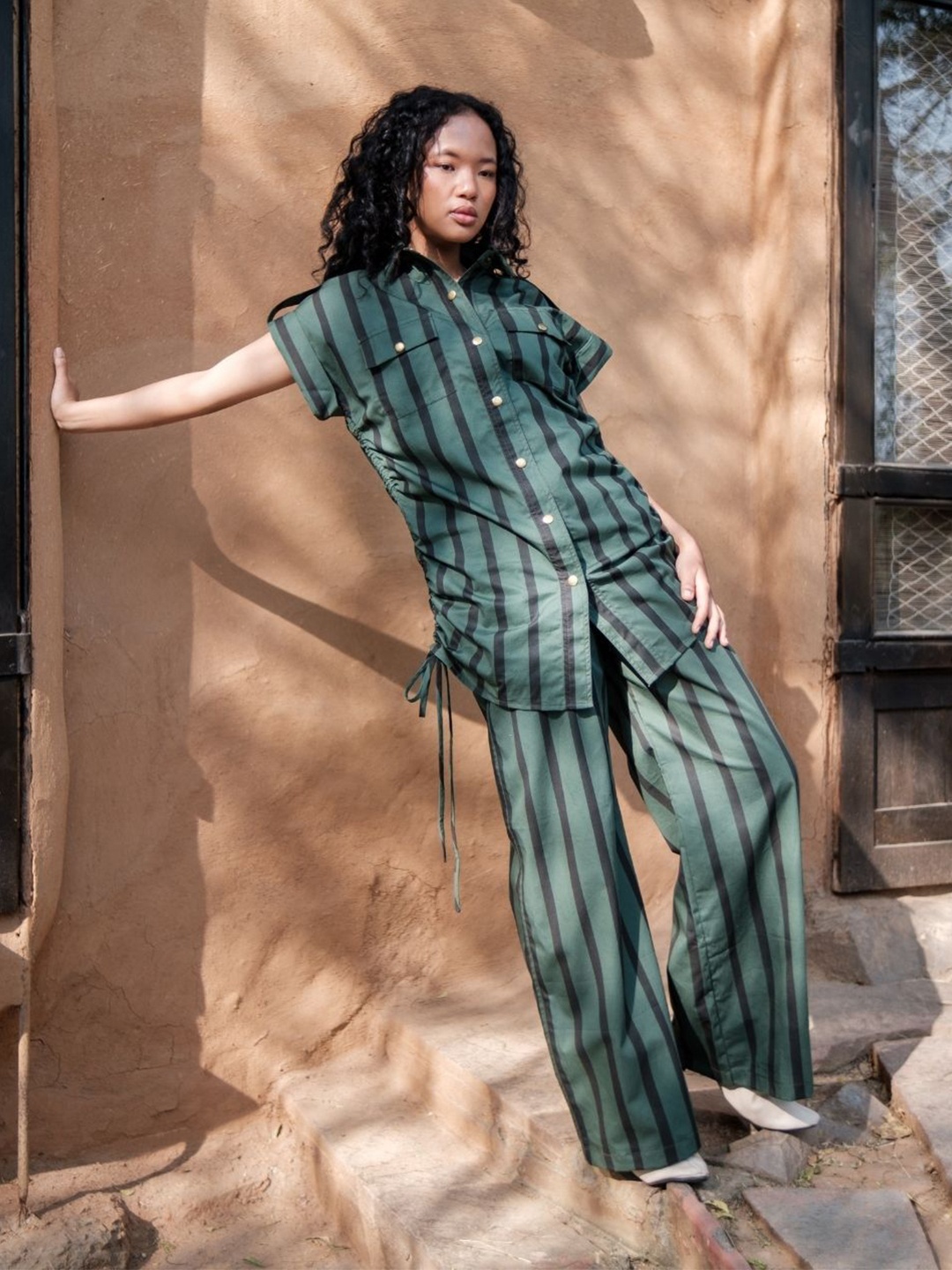 

The Terra Tribe Striped Organic Cotton Shirt Collar A-Line Maxi Shirt Dress, Green