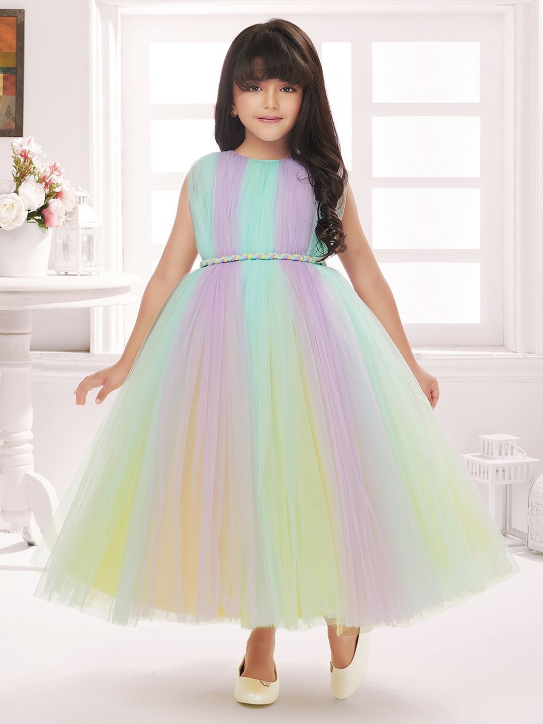 

Tiny Kingdom Girls StripedRTound Neck Sleeveless Net Maxi Dress, Multi