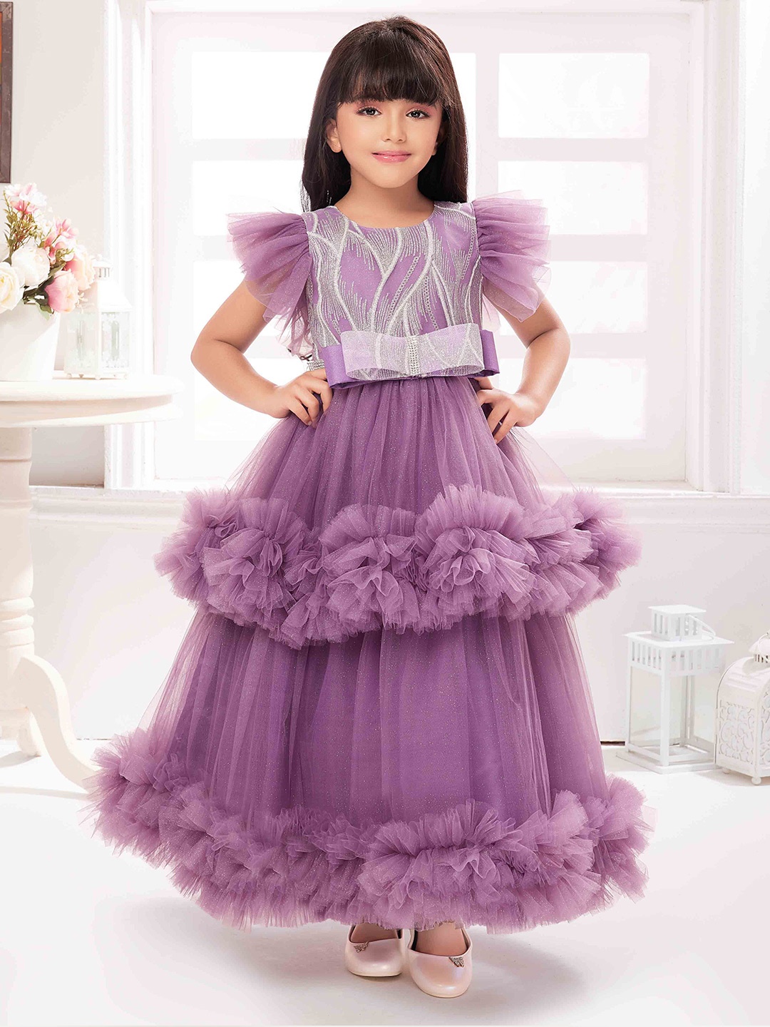 

Tiny Kingdom Girls Flutter Sleeve Layered Net Fit & Flare Layered Maxi Dress, Purple